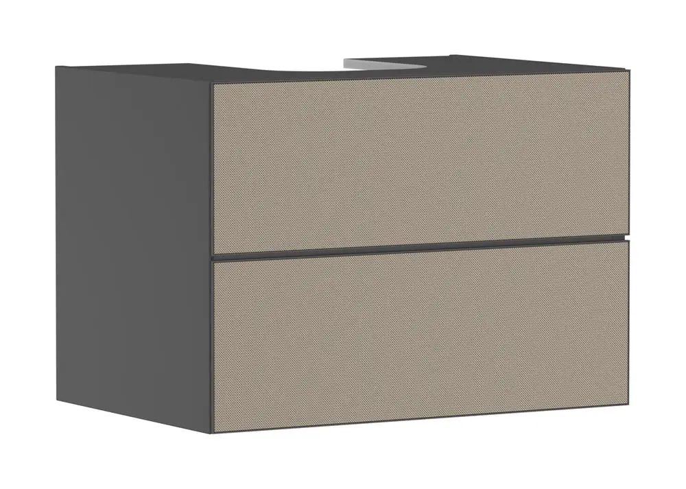 Waschtischunterschrank in Schiefergrau mit zwei Schubkästen. Ideal für Konsolen, passend zu Aufsatzwaschtischen. Marke: Hansgrohe.